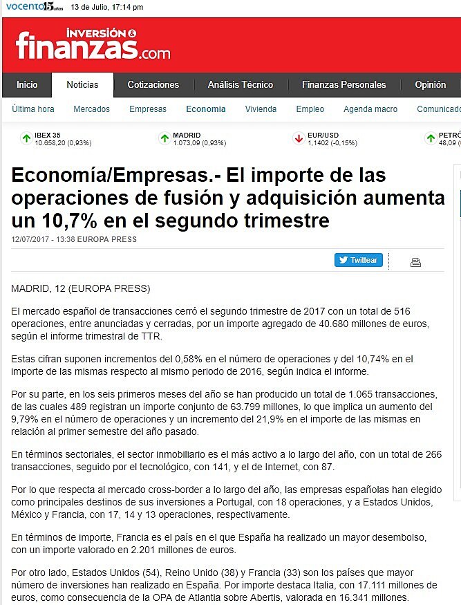 El importe de las operaciones de fusin y adquisicin aumenta un 10,7% en el segundo trimestre